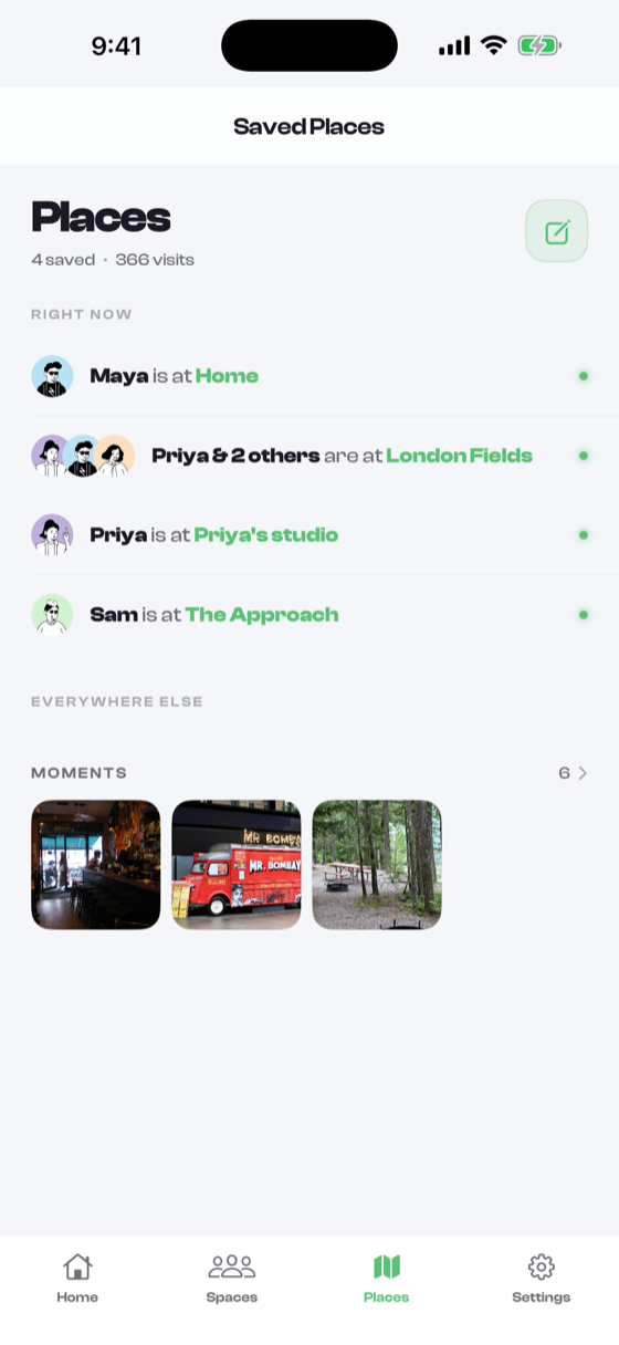 Saved places in Circl, each with its own arrival settings